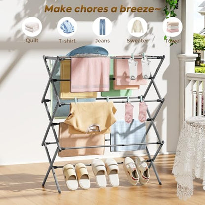 KINGBOARD 3-Tier Extendable Clothes Drying Rack, Small & Foldable, Grey - color: Gray