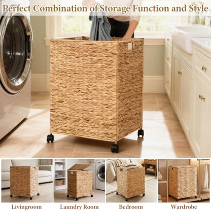 Livole Wicker Laundry Hamper with Lid & Wheel, Rattan Laundry Basket, 90L - color: Natural, size: 90L
