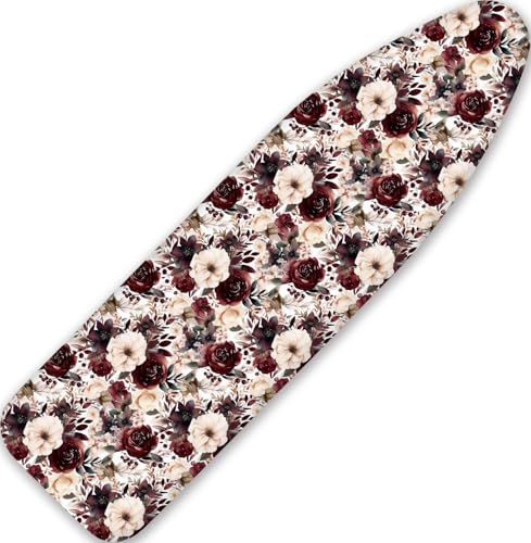 Vintage Dark Red Beige Peony Flowers 15"x54" Ironing Board Cover with Padding Cotton Scorch and Stain Resistant Padding Standard Size Heavy Duty Thick Padding Heat Reflective - color: Dark Red/Beige