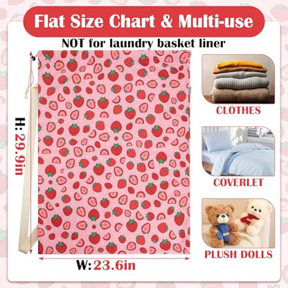 Canvas Laundry Bag with Shoulder Strap Drawstring, Strawberry, 23"W x 29"H - color: Strawberry