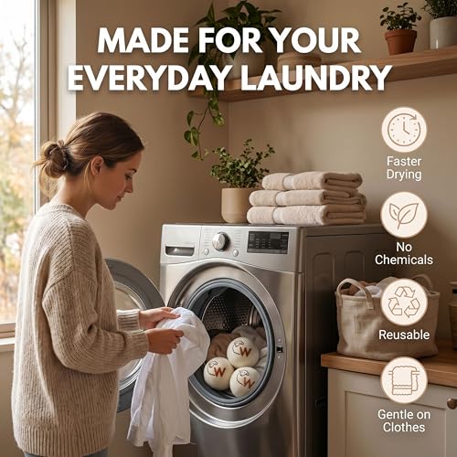Woolly's Wool Dryer Balls – 100% Pure New Zealand Wool, Reusable Natural Fabric Softener, Reduces Drying Time & Clothes Wrinkles, Chemical-Free Dryer Balls (Pack of 6)