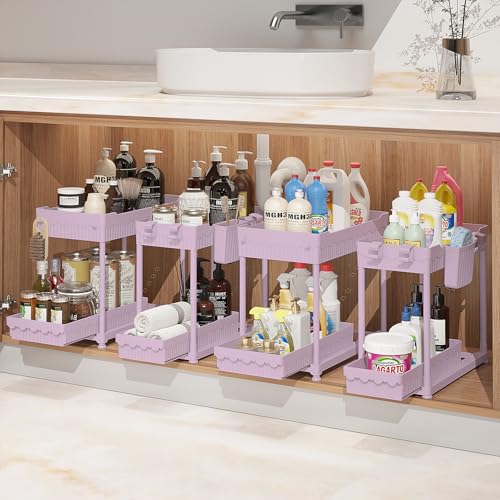 Sevenblue 4-Pack 2-Tier Under Sink Organizer with Pull Out Drawers - color: Pink, size: 12.8 Inch