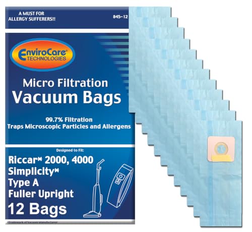 EnviroCare Replacement Micro Filtration Vacuum Cleaner Dust Bags made to fit Riccar 2000, 4000 and Vibrance Series. Simplicity 5000, 6000 and Symmetry Type A 12 pack