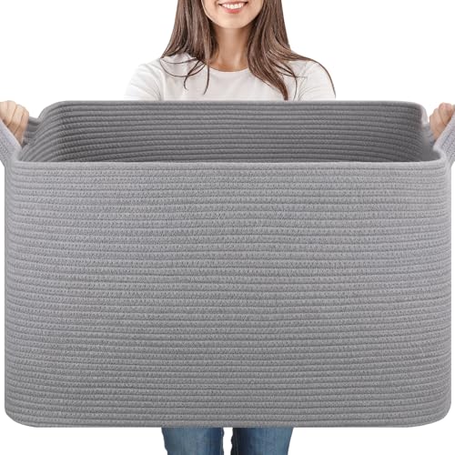 65L Large Woven Blanket Basket for Living Room, 19.7"x15.7"x11.8" - color: Light Grey, size: 24"x16.9"x14.2"