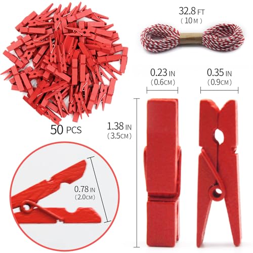 1.35 Inch Mini Clothes Pins100 PcsWith 32 Feet Jute Twine for Photo, Crafts, Pictures - Wooden Small Decorative Clothespins for Baby Shower (Red) - color: Red
