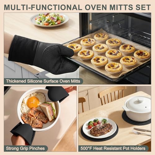 Oven Mitts and Pot Holders Set, Extra Long Silicone Oven Gloves for Kitchen - color: Black, size: 14.6in Oven Mitts Set