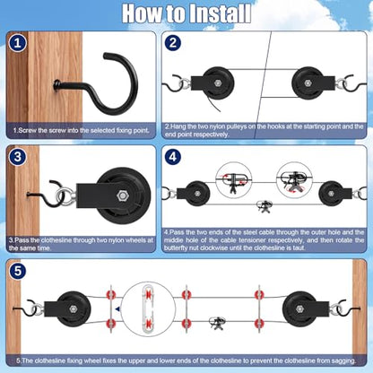 Hicarer 150ft Outdoor Clothesline Kit Black PVC Coated Galvanized Clothes Steel Line Pulley Kit with Clothesline Heavy Duty Nylon Pulley M10 Metal Hooks Winch Separator Clothes Line for Backyard