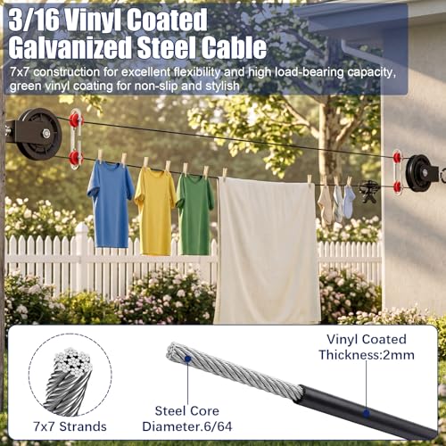 Hicarer 150ft Outdoor Clothesline Kit Black PVC Coated Galvanized Clothes Steel Line Pulley Kit with Clothesline Heavy Duty Nylon Pulley M10 Metal Hooks Winch Separator Clothes Line for Backyard