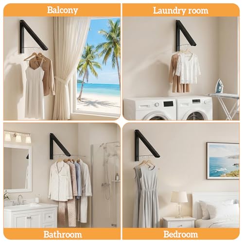 2 Pack Clothes Drying Rack, Wall Mounted Retractable Laundry Rack, 60LBS Heavy Duty Aluminum Foldable Clothes Hanger for Laundry Room, Bathroom, RV, Indoor & Outdoor Use, Drill-Free Installation