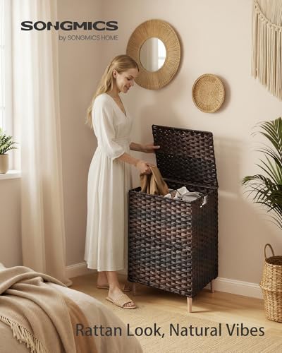 SONGMICS 2-Section Laundry Hamper with Lid, PE Rattan, 29 Gallons (110 L) - color: Chestnut Brown, size: 110 L (2 Basket)