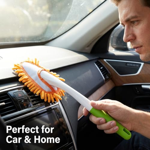 13 Inch Microfiber Feather Duster,with 4 pcs Washable Duster Head, Car Duster, Perfect for Cleaning Windows, Tables, Cars,Furniture, Walls, Fans, Screens