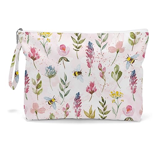 Fokongna Wet Bag, Wet Dry Bag, Makeup Bag, Toiletry Bag, Waterproof Large Capacity Travel Cosmetic Bag, Zipper Pouch for Women, Girls Mo Wife Sister Friends Baby Diaper Bag Bee Wildflower gifts - color: BeeFlower02