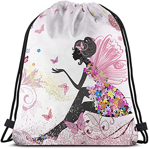 Flower Fairy Drawstring Bags Backpack Bag Beautiful Butterfly With Pink Wings Elves Wildfloral Leaves Sport Gym Sack Drawstring Bag String Bag Yoga Bag for Men Women - color: Multi-a03
