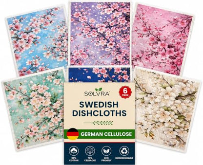 6 Pcs Cherry Blossom Swedish Dishcloths for Kitchen, German Cellulose - color: 6 Pcs- Cherry Blossom Print