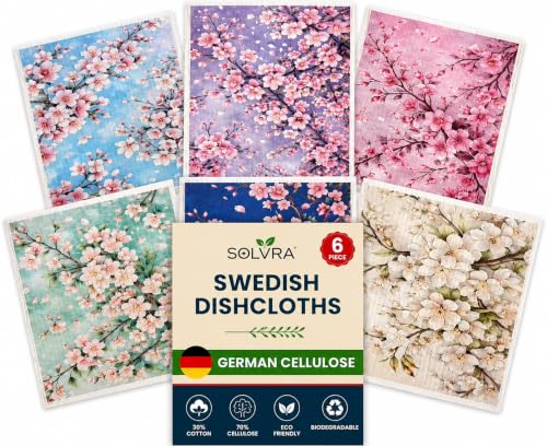 6 Pcs Cherry Blossom Swedish Dishcloths for Kitchen, German Cellulose - color: 6 Pcs- Cherry Blossom Print