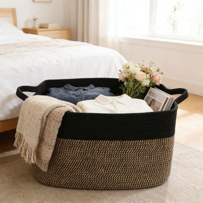 65L Laundry Basket with Handles, Woven Blanket Basket, Black/Jute - color: Black & Jute, size: 65L