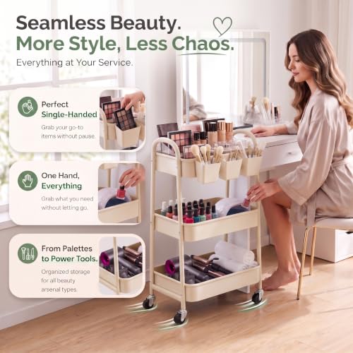 Beige 3 Tier Rolling Cart Metal with Wheels,Tan Three Tiered Bedside Carts - color: Light Beige