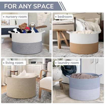 INDRESSME 115L Extra Large Woven Rope Blanket Basket Living Room Blue - color: Blue & White, size: 23.6"D x 15.7"H