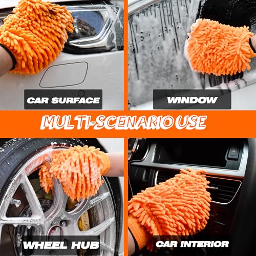 Microfiber Car Wash Mitt, 2 Pack Premium Chenille Wash Mitt, Scratch-Free, Lint-Free, Super Absorbent Car Cleaning Glove for Auto Detailing, Cars, Trucks, SUVs, RVs & Boats