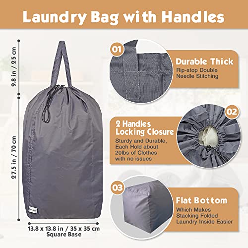 Washable Travel Laundry Bag with Handles and Drawstring (2 Pack), Heavy Duty Large Enough to Hold 3 Loads of Laundry, Fit a Laundry Basket or Clothes Hamper, 27.5x34.5 in,Grey - color: Grey (2 Pack)