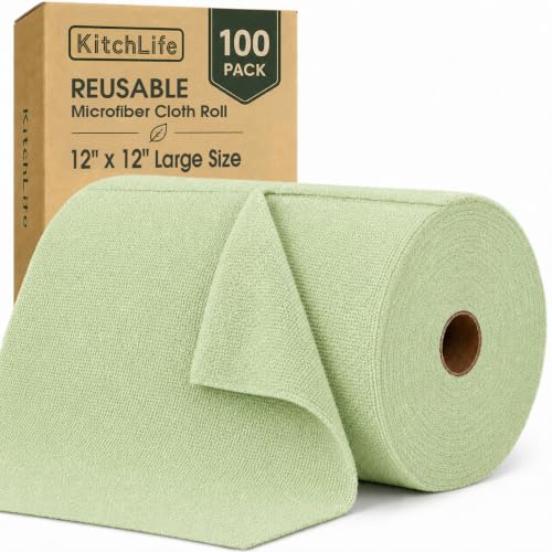 Microfiber Cleaning Cloth Roll, 100 Pack 12 x 12 Inch Tear Away Reusable Paper Towels, Thick Cleaning Towels, Absorbent Lint Free Washable Rags for Kitchen, Car, Garage and Workshop - Bean Green - color: Bean Green