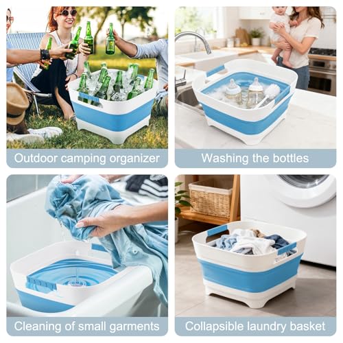 Collapsible Dish Basin with Drain Plug, 2.4 Gal 9L Foldable Wash Basin, Portable Sink Tub for Kitchen, Baby Bottles, Camping, RV, Vegetable Washing and Beverage Tub, Blue - color: Blue
