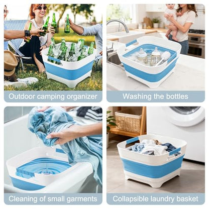Collapsible Dish Basin with Drain Plug, 2.4 Gal 9L Foldable Wash Basin, Portable Sink Tub for Kitchen, Baby Bottles, Camping, RV, Vegetable Washing and Beverage Tub, Blue - color: Blue