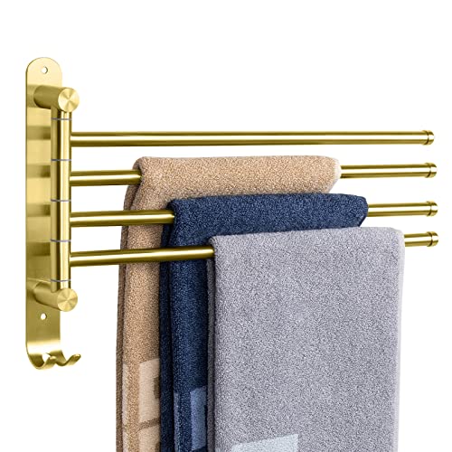 NearMoon Swivel Towel Rack, 13.8" Thicken 304 Stainless Steel 4-Arm Towel Bar, Space Saving Wall Mounted Towel Holder with Hook, Rustproof Swing Out Towel Hanger for Bathroom, Kitchen (Brushed Gold) - color: Brushed Gold, size: 13.8 Inch-Round
