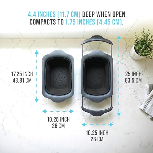 Comfify Over-the-Sink Colander with Handles – Sleek Plastic Black Kitchen Strainer for Pasta, Vegetables & Fruits – Space-Saving Design – 17.1 x 10.2 x 1.75 Inches - color: Black