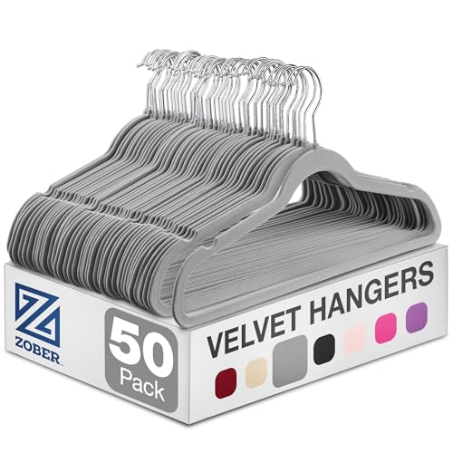 Zober Velvet Hangers 50 Pack - Heavy Duty Gray Hangers for Coats, Pants & Dress Clothes - Non Slip Clothes Hanger Set - Space Saving Felt Hangers for Clothing - color: Gray, size: 50 Pack