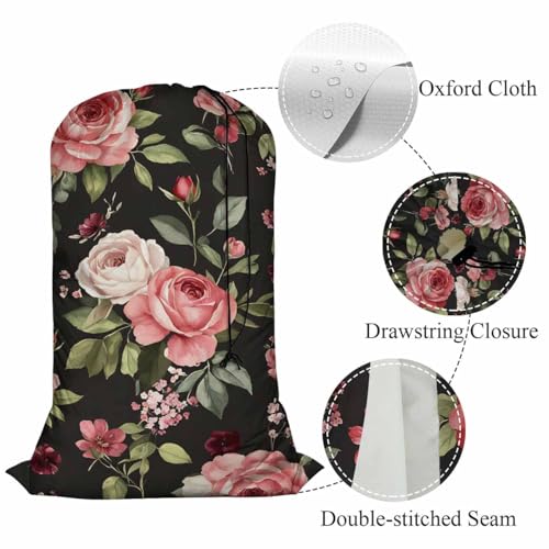 Swono Flower Laundry Bag Large Heavy Duty Laundry Backpack with Adjustable Drawstring Closure Watercolor Spring Flowers Roses And Leaves Pattern Heavy Duty Travel Laundry Bag, Large Laundry Hamper - color: Flower