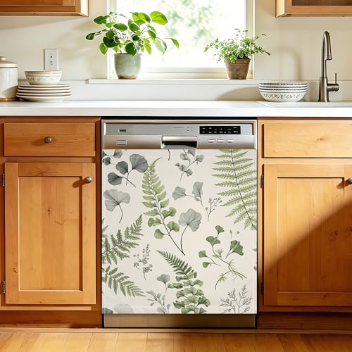 Green Leaves Fern Magnetic Dishwasher Door Cover, 23 x 26 Inch Kitchen Appliance Panel, Waterproof Reusable for Dishwasher and Refrigerator - color: Green Leaves Fern