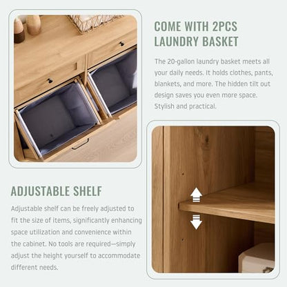 IFBUY Triple Tilt Out Laundry Hamper Cabinet, 20 Gallon Farmhouse Trash Can Cabinet w/Drawer & Adjustable Shelf, Hidden Garbage Can Bin Cabinets w/Laundry Basket for Bathroom, Kitchen (Natural) - color: Natural, size: Triple