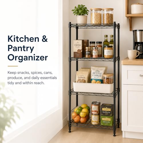 4 Tier Storage Shelves, Metal Wire Shelving Unit, Heavy Duty Adjustable Shelf Rack for Pantry, Kitchen, Garage and Laundry Room, Black - size: M-4