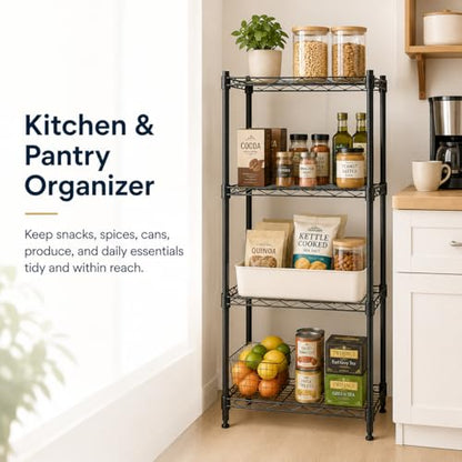 4 Tier Storage Shelves, Metal Wire Shelving Unit, Heavy Duty Adjustable Shelf Rack for Pantry, Kitchen, Garage and Laundry Room, Black - size: M-4