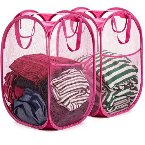 HOUSE AGAIN 2 Pcs Pop Up Laundry Hamper, Strong Mesh Laundry Baskets Collapsible, Hamper with Handles and Side Pocket, Portable Foldable Dirty Clothes for Dorm, Laundry room and Travel Storage, Pink - color: Rose Red, size: 2-Pack
