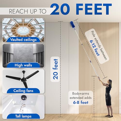 Blue Extension Rod Ceiling Duster with 18-20 feet Reach 3-Stage Aluminum Telescoping Pole - Cathedral, Cobweb, Microfiber, Ceilings Fan Duster Includes 2 Hand Dusting Kit