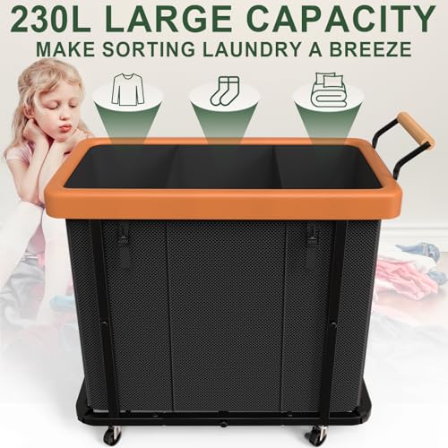 Laundry Hamper 3 Section with Lid,230L Rolling Dirty Clothes Hamper Black - color: Black-3 Section, size: 60 Gal