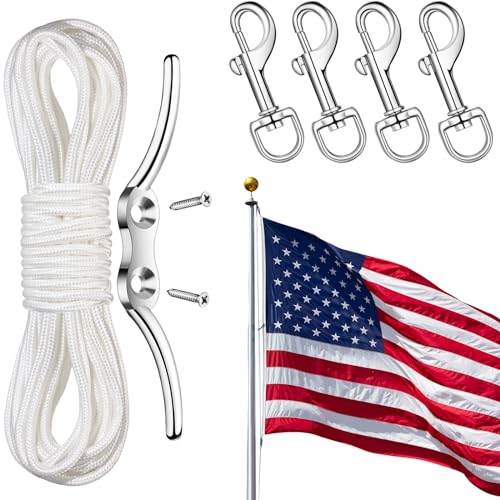 Flag Pole Rope Kit Flag Pole Hardware Parts Repair Kit Flag Pole Rope with Rope Cleat Hook and 4 Pcs Zinc Alloy Swivel Snap Clips for Outdoor Flag Pole Accessories Clothesline Swing Camping(50 ft) - size: 50 ft