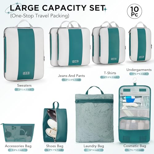 OlarHike 10 Set Compression Packing Cubes for Travel Essentials,Compressible Expandable Space Saver Bags for Organizing Clothes,Luggage Garment Bags with Over 1000 pcs Mesh Holes(Dark Blue Green) - color: Dark Blue Green