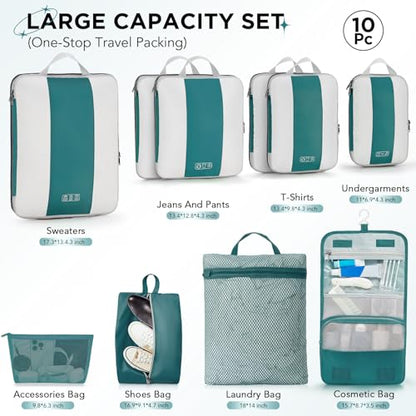 OlarHike 10 Set Compression Packing Cubes for Travel Essentials,Compressible Expandable Space Saver Bags for Organizing Clothes,Luggage Garment Bags with Over 1000 pcs Mesh Holes(Dark Blue Green) - color: Dark Blue Green