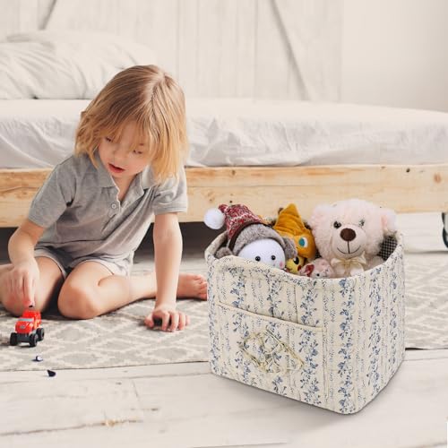 Storage Basket Boho Fabric Large Collapsible Floral Laundry Nursery Hamper Portable Folding Storage for Clothes Toys (Vine-Blue C) - color: Vine-Blue C