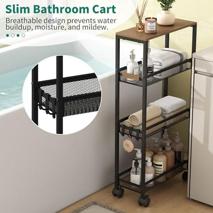 4-Tier Slim Utility Rolling Laundry Cart with Wheels, Black - color: Black, size: 7.2''