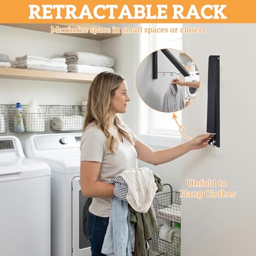 2 Pack Clothes Drying Rack, Wall Mounted Retractable Laundry Rack, 60LBS Heavy Duty Aluminum Foldable Clothes Hanger for Laundry Room, Bathroom, RV, Indoor & Outdoor Use, Drill-Free Installation