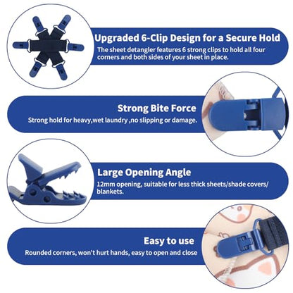 Bed Sheet Detangler with 6-Clip, WAD Preventer Stop Bed Sheets/Duvet Covers/Blankets from Tangling, Twisting & Balling up in Dryer Washer and Dryer, 4 pcs(Blue) - color: Blue