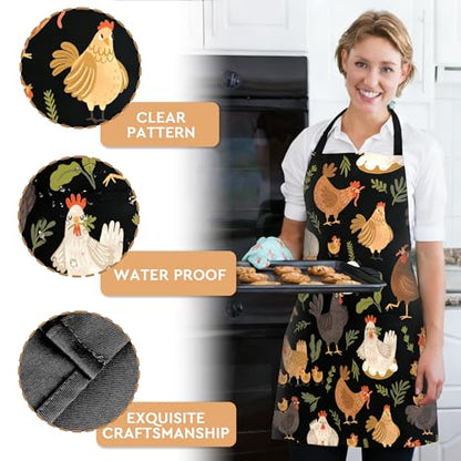 Adjustable Baking Aprons for Women - Cooking Aprons for Women with Pockets, Perfect for Baking Cooking Gradening - color: Chicken Black