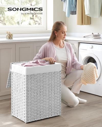 SONGMICS Laundry Hamper with Lid, 23.8 Gal (90 L) Synthetic Rattan,Foldable - color: Cloud White, size: 90 L