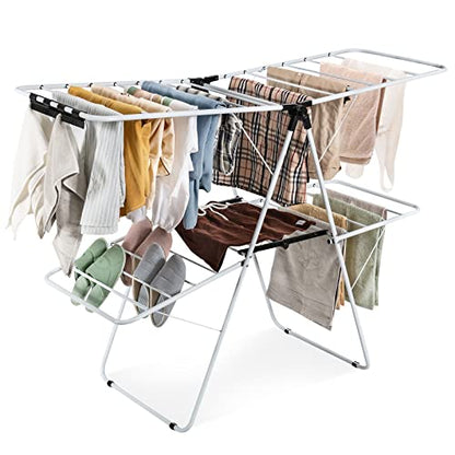 S AFSTAR 2-Layer Clothes Drying Rack, Folding Laundry Drying Rack w/Height-Adjustable Gullwing, 33 Rails & 26 Clips, Collapsible Laundry Hanger, Indoor/Outdoor Portable Dryer for Clothes Shoes Towels - style: 4 Wings
