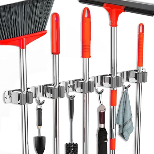 Mop and Broom Holder Wall Mount, Upgraded Broom Hanger Wall Mount, Stainless Steel Broom Organizer for Closet Garage Laundry Room Kitchen Wall Decor(5Racks 4Hooks Silver) - color: Silver, size: 1Pack 5Racks 4Hooks