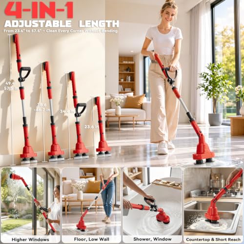 NATBEESY 2 in 1 Electric Spin Scrubber Compatible with Milwaukee 18V Battery (Tool Only), Dual Head Power Scrubber, 680/1200 RPM, 45° Adjustable Head, Extendable Handle for Tile, Tub, Floor & Bathroom - color: Red